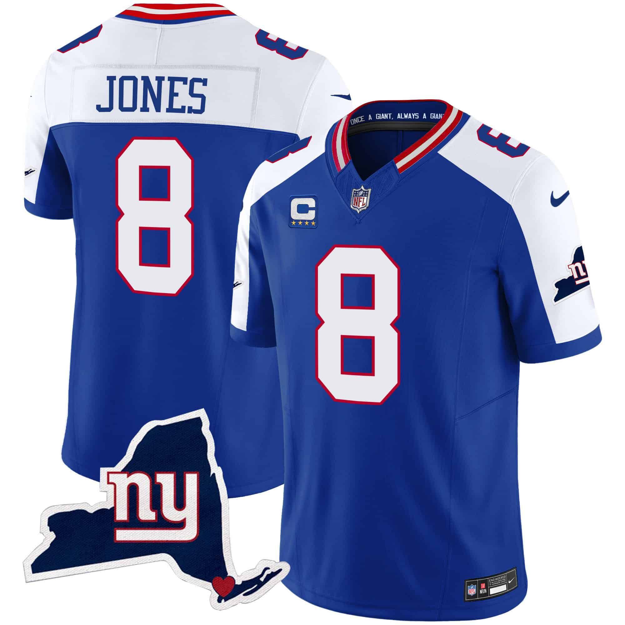 Men New York Giants 8 Jones Blue 2024 Nike Map Patch Limited NFL Jersey